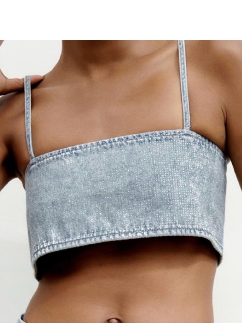 Zara NWT Rhinestone Denim Crop Top Light Wash Spaghetti Strap Bralette XS S